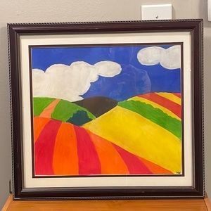 Vintage hand painted fun bright landscape picture. EUC! Signed HC or HK.